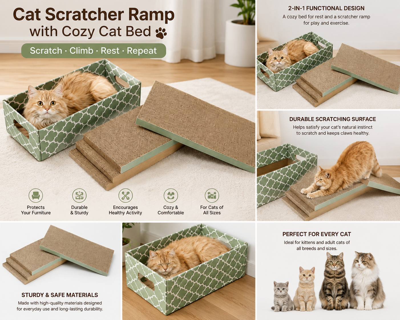 Cat Scratcher Ramp with Cozy Cat Bed