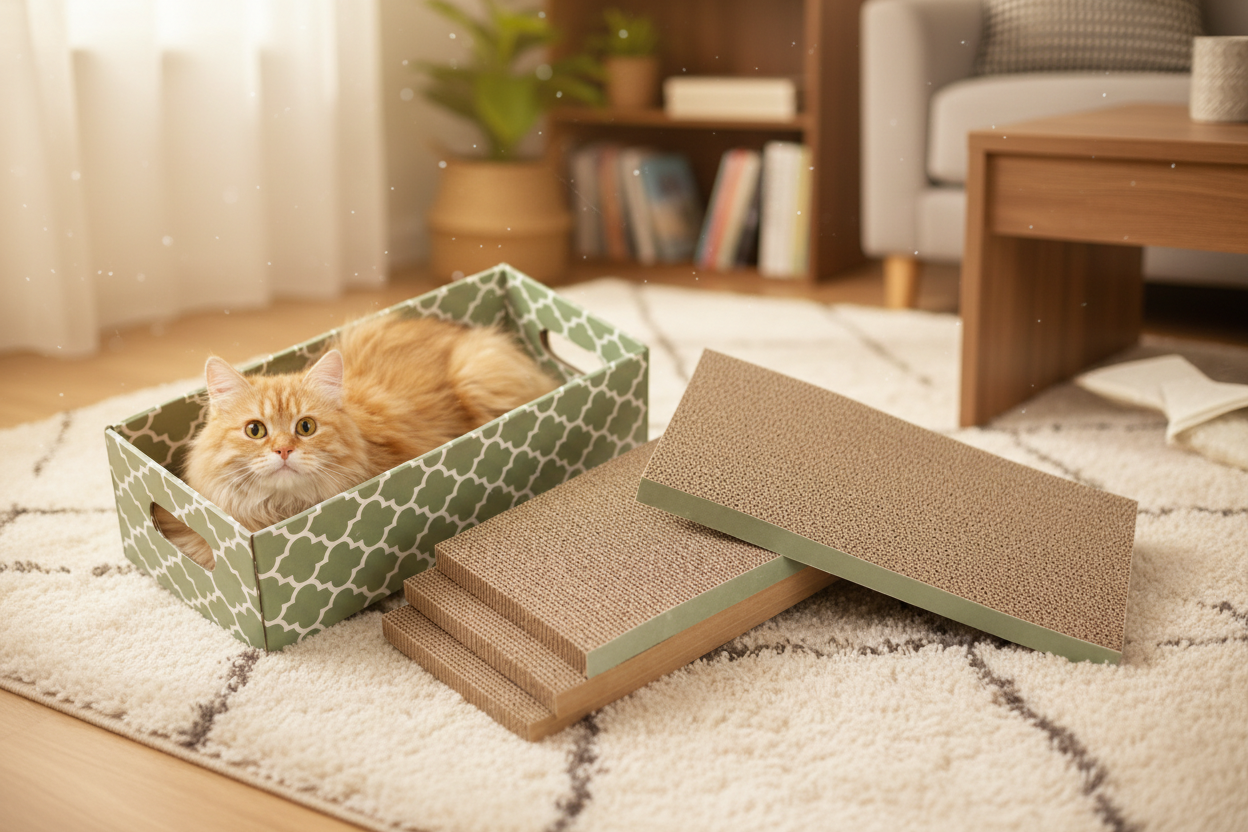 A fluffy orange cat sits inside a green and white patterned storage box next to several rectangular cardboard cat scratcher boards on a clean white background.